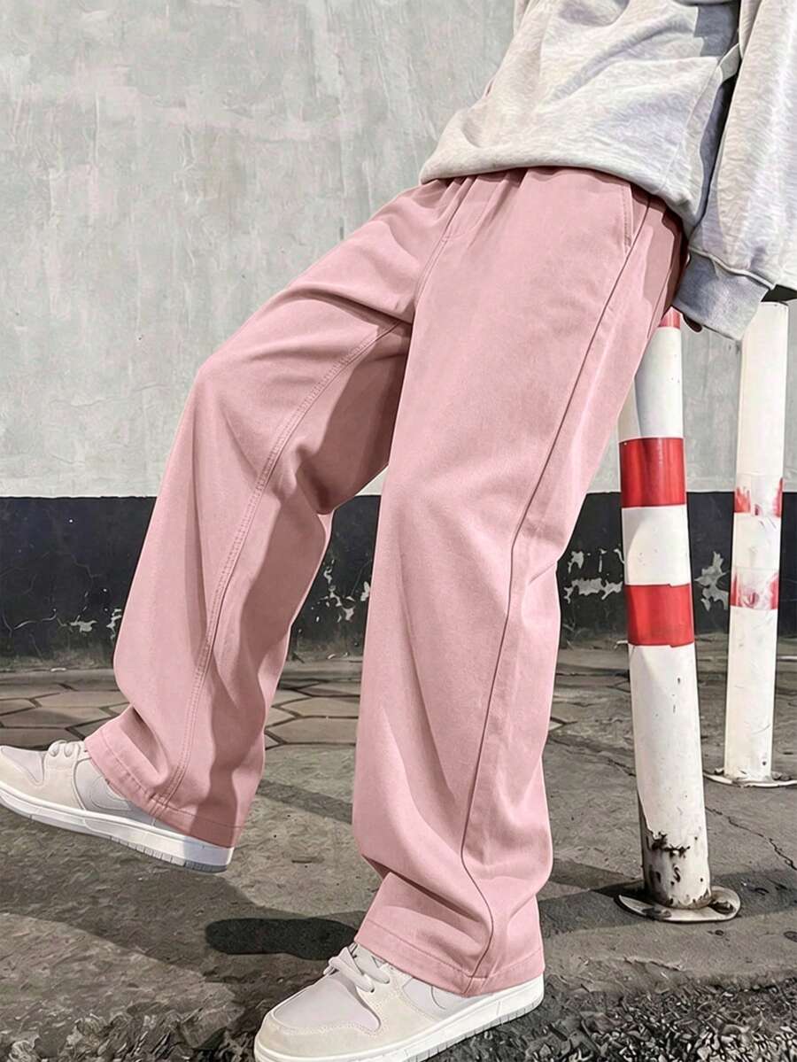 Boys & Teenagers 1pc Simple Loose Outdoor Sports Workout Solid Color Height-Enhancing Long Leg Straight Leg Pants Spring Autumn Winter Back To School - Pink - View 1