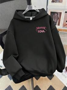 Teen Girls Casual Fashion Sweet Style Music Headphone Letter Print Hooded Sweatshirt, Suitable For Spring, Autumn And Winter - Black - View 3