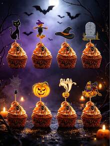 1 Set Halloween Cupcake Decorations, Spider Web, Pumpkin Toppers, Party Decor, Suitable For Holiday Party Decoration, Atmosphere Props - Multicolor - View 5