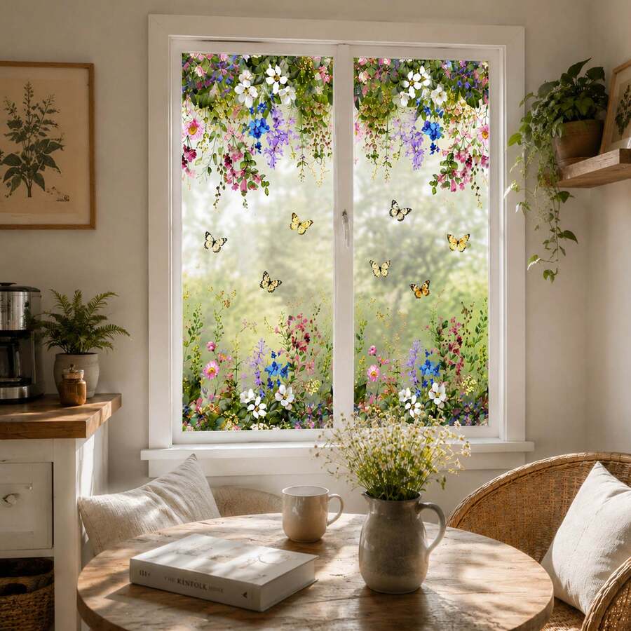 Butterfly Floral Grassland Static Cling Window Film, Butterfly Wildflower Wall Sticker Border, Privacy Protection Sticker, Glue-Free, UV Protection, Sunshade Temperature Control, Bathroom Frosted Glass Sticker, Home Decor - Butterflies In the Flowers - View 1