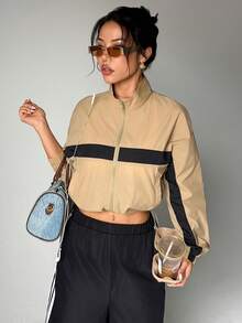 Women Horizontal Contrast Stripe Zip‑Up Crop Daily Casual Sports Jacket - Khaki - View 6