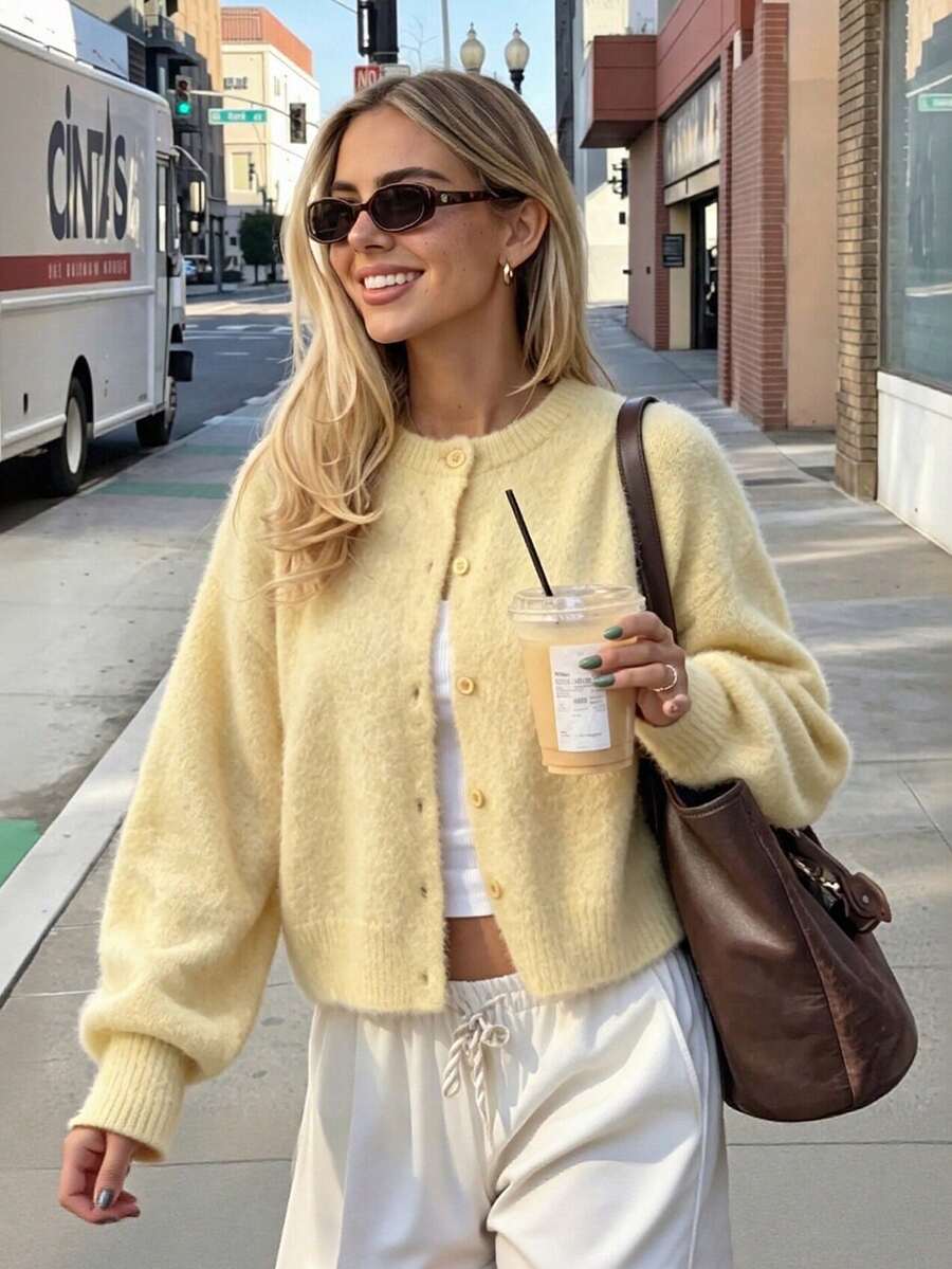 Pure Desire Gentle Academic Style Women's Yellow Fuzzy Knit Short Cardigan, Back To School Season Button Round Neck Ribbed Top, Autumn Daily Commute Casual Soft Basic - Yellow - View 1