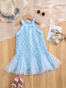 1 Stück Mädchen süß glamourös elegant süß Meerjungfrau Prinzessin glänzender Pailletten Muster Tüll Volant Rock rundhals ärmellos Kleid, Party Geburtstag Aufführung Feiertag Kostüm, geeignet für alle Jahreszeiten - Babyblau - Übersicht 2