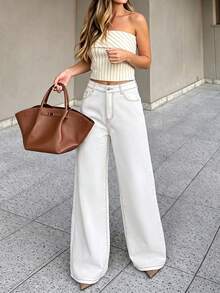 TOP Y2K Fashion Women's Straight Leg Jeans, Non-Stretch Light Wash Denim, Classic Button Closure, Relaxed Casual Fit White Fall - White - View 7