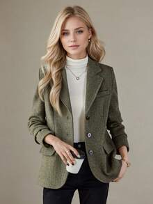 Women's Wool Blazer Jacket 2026 Autumn/Winter New High-End Wool Top Casual Thickened Suit - Green - View 3