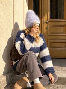 Round Neck Contrast Color Striped Loose Slouchy Fashion Versatile Knit Pullover Top - Blue and White - View 3