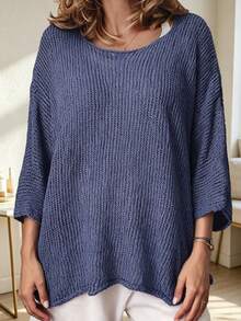 Plus Size Women Casual Loose Solid Color 3/4 Sleeve Sweater Fall - Blue - View 3