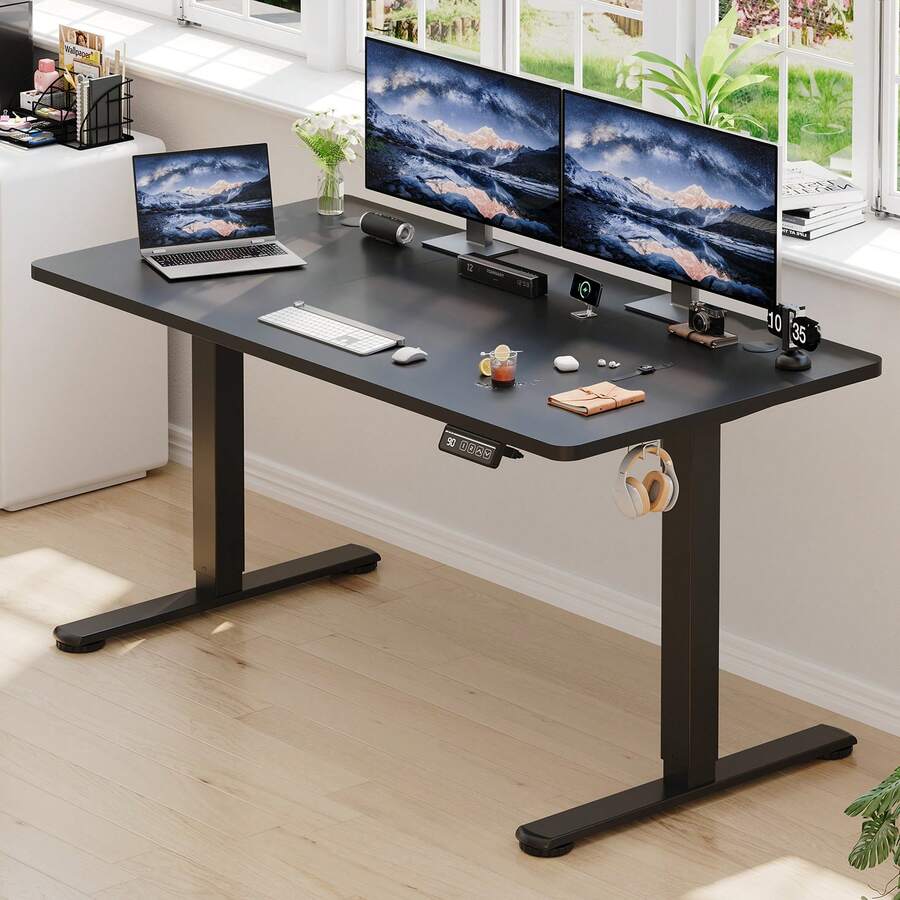 Devoko Height-Adjustable Electric Desk, Sit-Stand Desk With LED Control Panel, 2 Memory Heights, 73-118 Cm Height Adjustment, T-Steel Frame, 70 Kg Load Capacity, 100-180 Cm, Black/White/Beige/Rustic Wood - 查看 1