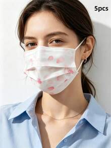 5入柔粉櫻花印花一次性口罩，甜美花卉輕量透氣不織布通勤百搭女款日常防護面罩 - 櫻花款 - 查看 17