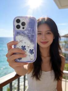 Cream Dopamine Wavy Ruffle Soft TPU Texture Creative Personalized Turtle Pattern Phone Case With DIY Star Wrist Strap Compatible With Galaxy S21 S22 S23 S24 S25 S26/Honor/ And Other Models - Clear - View 3