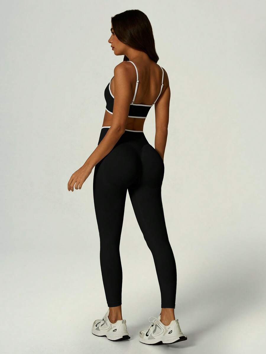 UONNOU Peach Butt-Lifting Fitness Set, Colorblock Trim V-Neck Spaghetti Strap Sports Bra & Leggings - Black - View 1