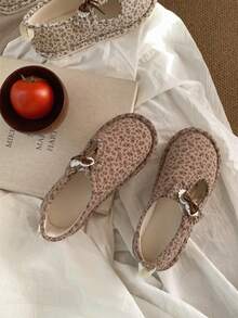 XIXITIAO 1 Pair Women's Fashionable Elegant Fairy Style Maternity Slippers, Khaki Floral With Small Bow, Cute Polyester Fiber Flat Full-Coverage House Shoes For Autumn/Winter - Brown - View 3