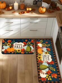 1/16Pcs Autumn Theme Doormat, Thanksgiving Door Mat, Printed With Pumpkin, Sunflower, Maple Leaf Patterns On Navy Blue Background, Autumn Harvest Festival Decorative Mat, Welcome Kitchen Rug, Dirt-Resistant Floor Mat, Autumn Party Decoration - Multicolor - View 3