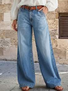 Celana Jeans Denim Biru Vintage Washed Model Lurus dengan Bordir untuk Wanita, Minimalis, Modis - Medium Wash - View 5