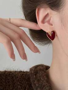 3 Pairs French Vintage Geometric Heart Enamel Stud Earrings Set, Suitable For Women's Daily Commute And Holiday Wear - Burgundy - View 10
