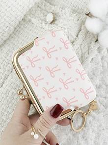 Fashionable Bow Print Zipper Credit Card Holder With Chain Keychain, Multi-Compartment Design, Suitable For Travel - White - View 9