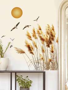 Multiple Simple Watercolor Sun And Reed Self-Adhesive Wall Stickers, Removable And Waterproof With No Residue, Featuring Sun, Flying Birds, And Autumn Reed Scenery Patterns, Perfect For Bedroom And Living Room Wall Decoration. - Wall Stickers - View 8