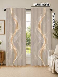 2PCS Off-White Abstract Curve Curtains, Polyester Digital Print, Curved Geometric Pattern, Modern Luxury Style Rod Pocket Fabric Curtains, Bedroom Living Room Window Decor, Machine Washable - Multicolor - View 16