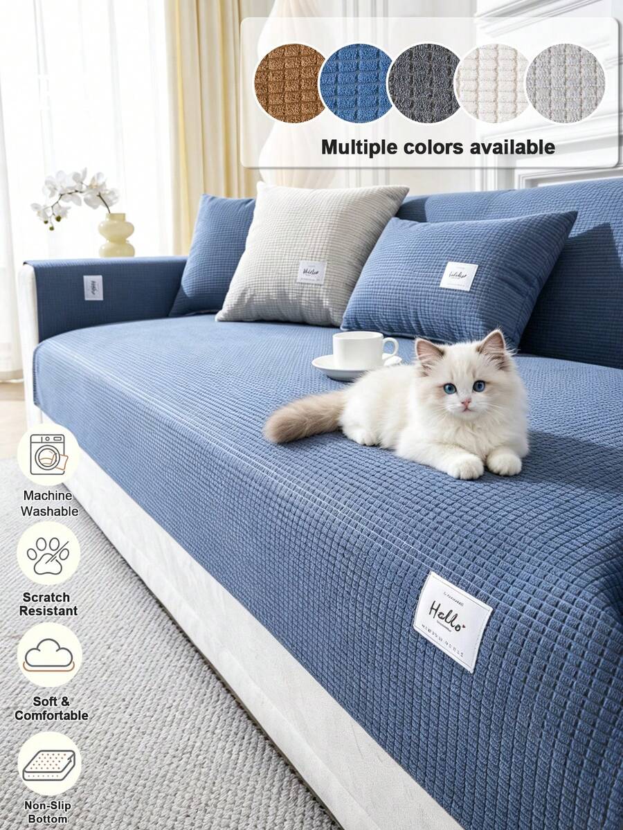 1PC Minimalist Solid Bubble Grid Textured Sofa Cushion Pad, Lightweight & Breathable, Scratch Resistant & Easy To Clean, Non-Slip Dotted Rubber Back, Machine Washable All-Season Pet Friendly Universal Slipcover For 1/2/3 Seater Sofas - Blue - View 1