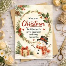 1 Greeting Card + 1 Envelope Lovely Christmas Greeting Card, Snowman With Gift Box "May Your Christmas Be Filled With Love" For Friends, Winter Festive Watercolor Style. - Single Piece - View 8
