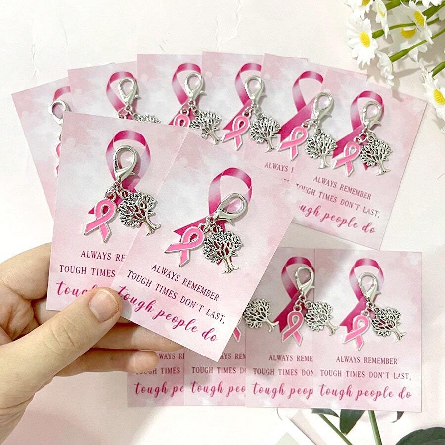 12pcs Charming Pink Series Breast Cancer Awareness Theme Party Keychain Gift Set, Featuring Ribbon And Evergreen Tree, Paired With Inspirational Pink Ribbon Greeting Cards. During Breast Cancer Awareness Month, Give Women A Positive And Uplifting Gift, Perfect For Decorating Bags, Wallets, Backpacks, Keys, Breast Cancer Awareness Gift For Women
