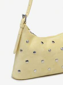1pc Women's Vintage Autumn/Winter New Suede Blue Rivet Shoulder Adjustable Strap Baguette Bag Suitable For Outing, Dating, Commuting, Shopping - Yellow - View 3