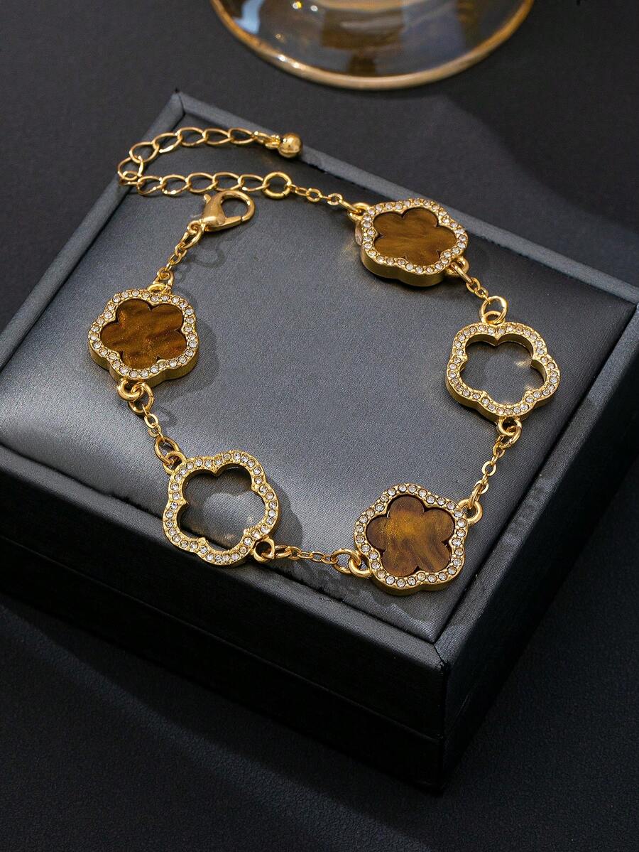1pc Fashionable Black & White Polka Dot Pattern Zinc Alloy & Acrylic Lucky Five-Leaf Clover Bracelet For Women, Suitable For Daily Wear - Coffee Brown - View 1
