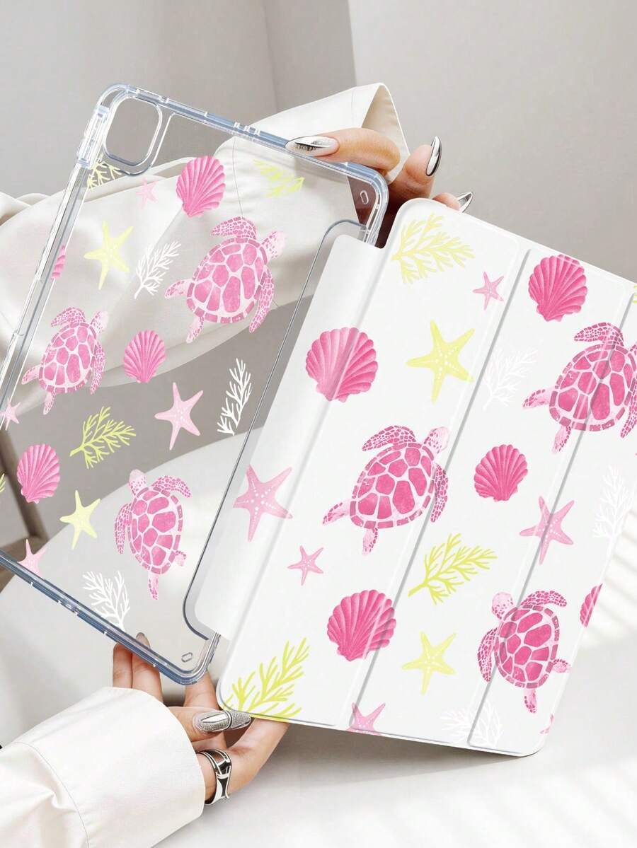 1 buah Casing Tablet Motif Cangkang Kura-kura dan Bintang Laut Warna Pink, Kompatibel dengan iPad Mini6/Mini7/Air/Air2/9.7/10.2/10.5/10.9 (Air4-Air8)/Pro 11/Generasi ke-10/A16/Pro 11 2024, Pola Lukisan Dua Sisi, Cangkang Belakang Akrilik Transparan, Penyangga Lipat Tiga, Fitur Tidur/Bangun, Slot Pena Terintegrasi, Pena Tidak Termasuk, Beberapa Model Dilengkapi Bingkai Kamera - MultiWarna - View 1