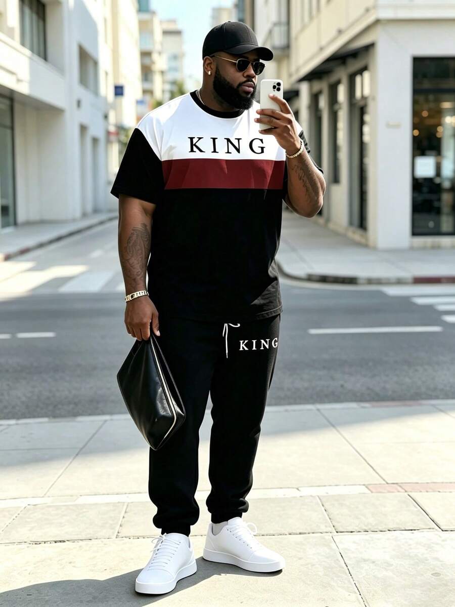 男士加大码专属黑白酒红色撞色“KING”字母印花短袖抽绳运动裤套装,宽松修身两件套,圆领T恤搭配休闲运动裤,时尚运动服 - 彩色 - 查看 1