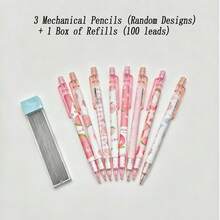 3PCS Sweet Peach Automatic Pencils + 1 Box Of Lead Refills (100pcs) - Random Style - HB Pencils, Retractable Plastic Pencils With Cute Cartoon Design, Fruit Theme, Ideal Student Gift - A - View 11