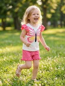 Cute Butterfly Print Set, Ruffle Sleeve, Shorts, Girls Summer Clothing, Teen Outfit - Pink - View 2