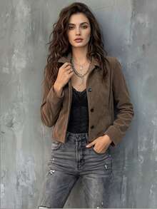 Women Lapel Collar Corduroy Cropped Jacket, Button Down Long Sleeve Solid Casual Fall Outerwear - Brown - View 6