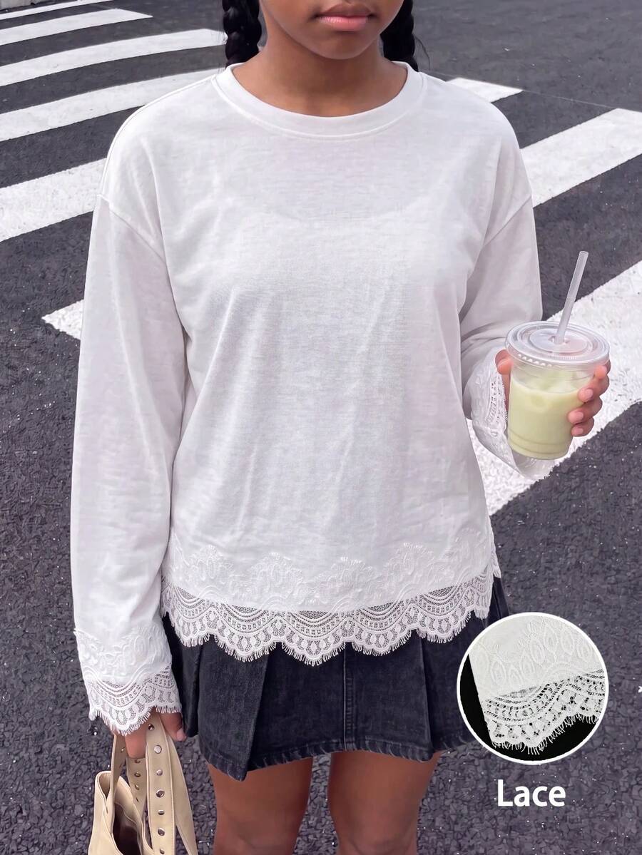White Lace Trim Patchwork Loose Flared Sleeve Simple Casual Comfortable Urban Elegant Top T-Shirt - White - View 1