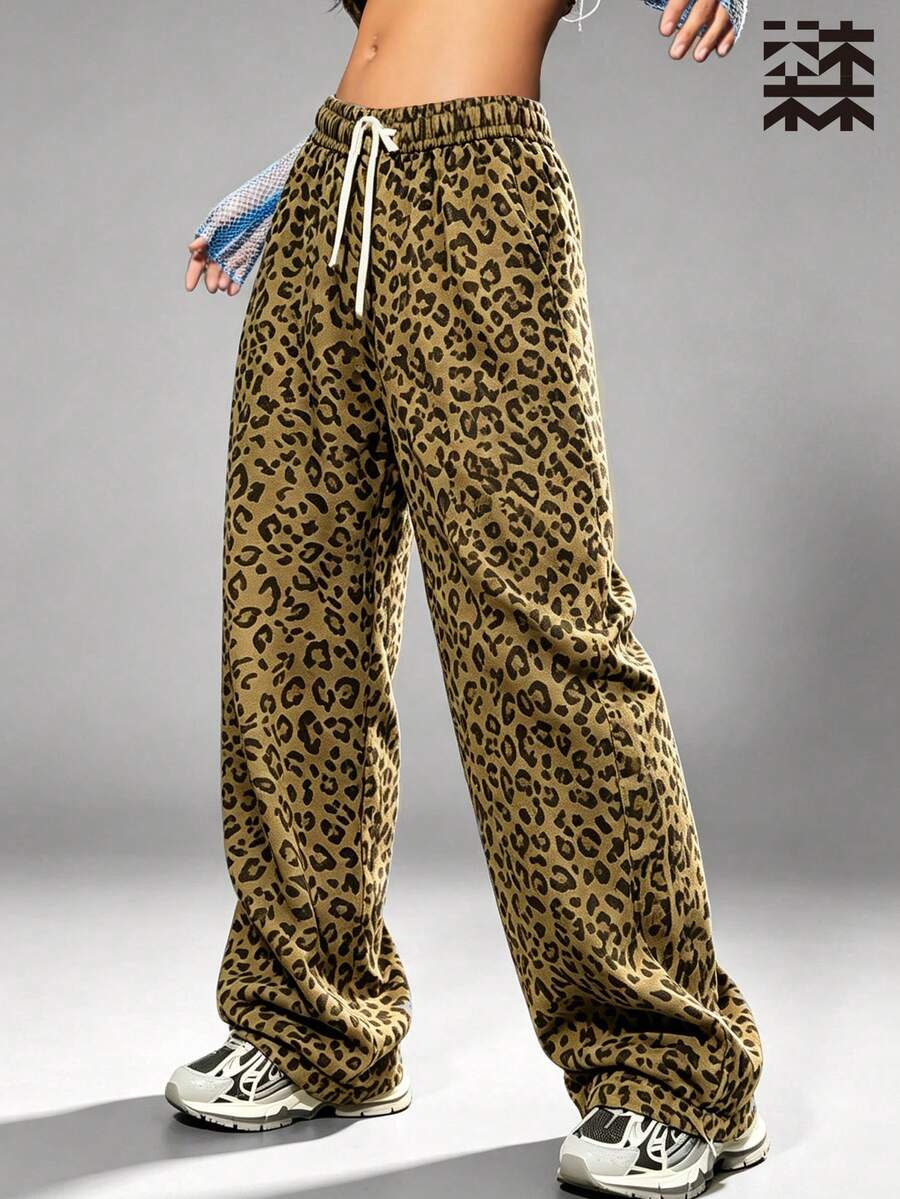 mulinsen Soft Drape Leopard Print Wide Leg Pants Loose Casual Straight Leg Trousers - Brown - View 1
