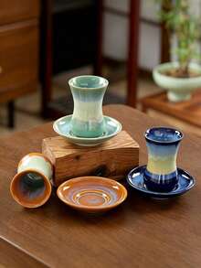 Bộ tách cà phê Thổ Nhĩ Kỳ bằng gốm kèm đĩa lót, tách espresso gốm, tráng men nung lò màu gradient, bộ tách cà phê Ả Rập nhỏ và đĩa lót, phù hợp dùng tại nhà, quán cà phê và làm quà tặng - Nhiều màu - Xem 2