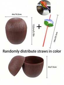 6/3pcs Hawaiian Theme Coconut Cups With Lids And Flower Straws, Suitable For Desserts And Ice Cream, Beach Party, Pool Party, Summer Outdoor Activities, DIY Drinks, Graduation Celebration, Indoor Home Decor - Multicolor - View 2