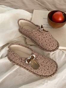 XIXITIAO 1 Pair Women's Fashionable Elegant Fairy Style Maternity Slippers, Khaki Floral With Small Bow, Cute Polyester Fiber Flat Full-Coverage House Shoes For Autumn/Winter - Brown - View 8