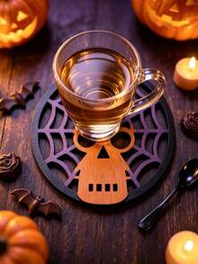 6pcs/1set Halloween Wooden Coasters With Base, 4 Styles Pumpkin Lantern Ghost Cat Skull Spider Web Coaster Set, Desktop Decor Drink Coasters, Farmhouse Style Halloween Home Kitchen Bar Decor - Multicolor - View 9