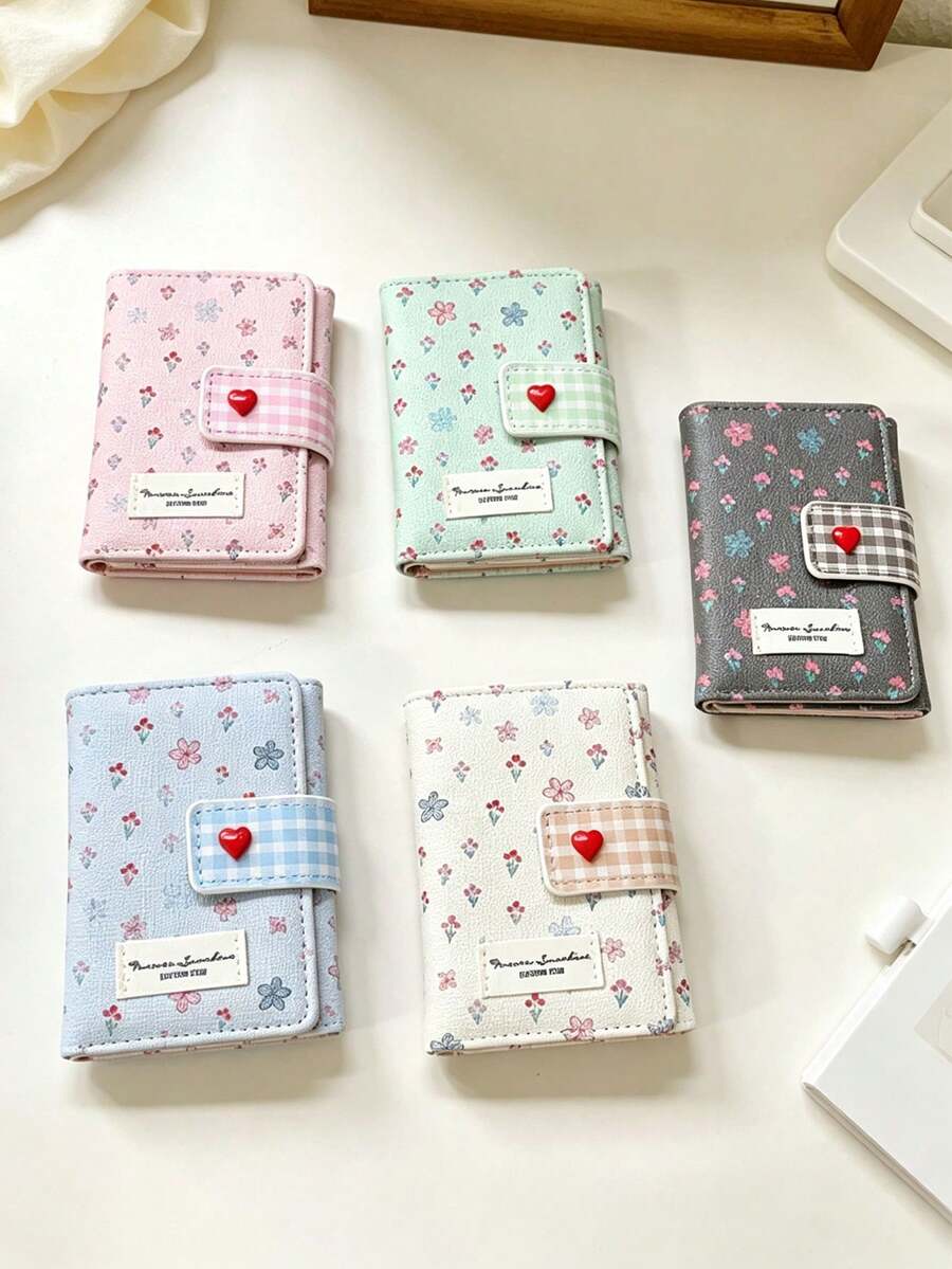 XD Korean Style Fresh Floral Ditsy Print Mini Trifold Kids Wallet, Heart Snap Button Minimalist Versatile Short Coin Card Holder, Student Girl Portable Multi-Layer Card Slot Storage Bag, Soft Macaron Floral Coin Purse, Cute Sweet Campus Commute Multi-Function Small Wallet