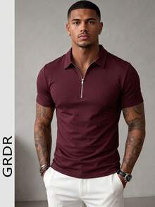 GRDR Men's Solid Color Short Sleeve Zipper Design Casual Versatile T-Shirt - Burgundy - View 2