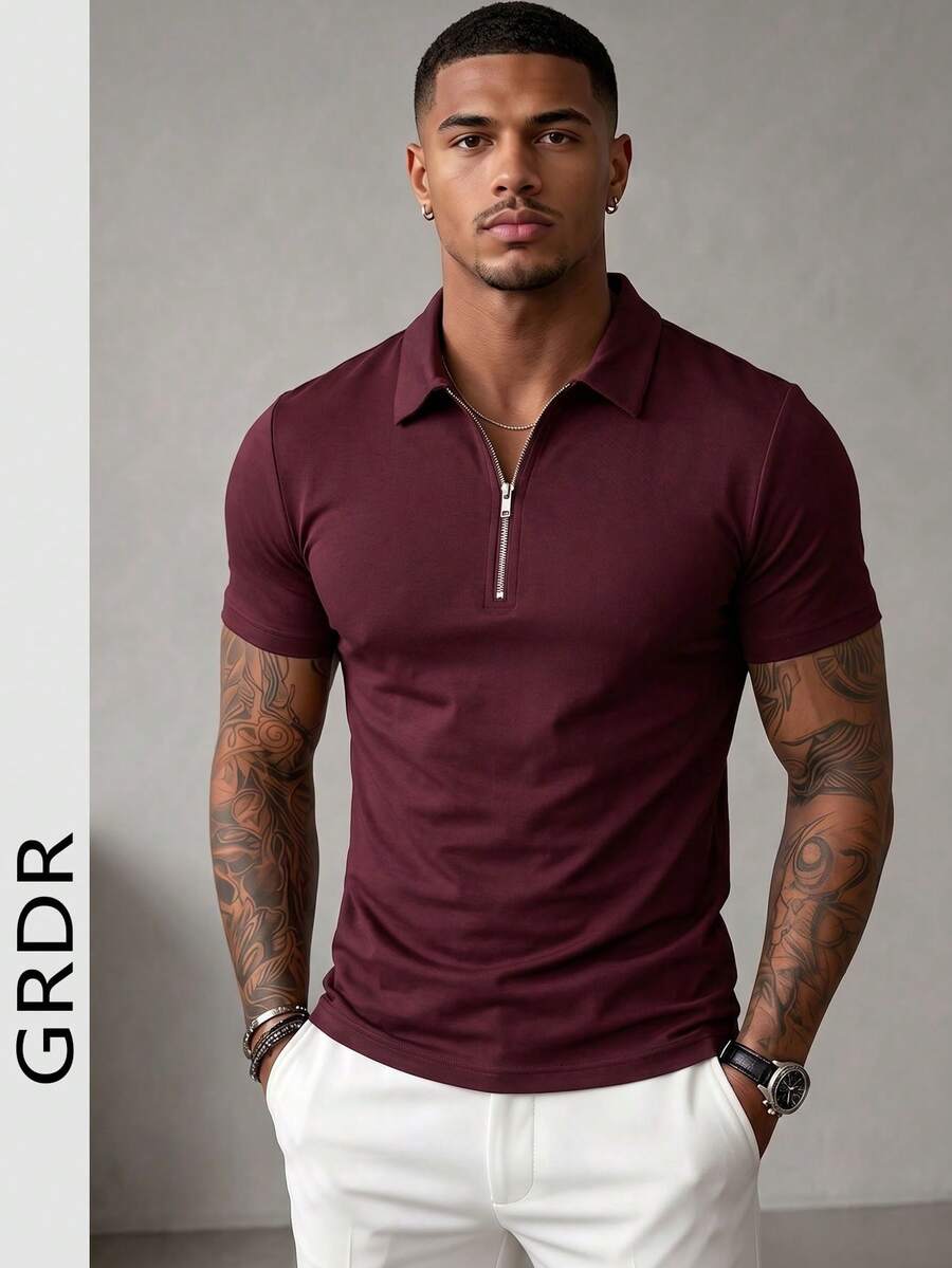 GRDR Men's Solid Color Short Sleeve Zipper Design Casual Versatile T-Shirt