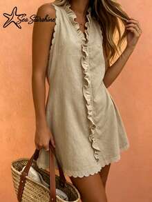 Sea Starshine New Arrival Khaki Linen Ruffle Hem Sleeveless Dress Elegant Summer - Khaki - View 8