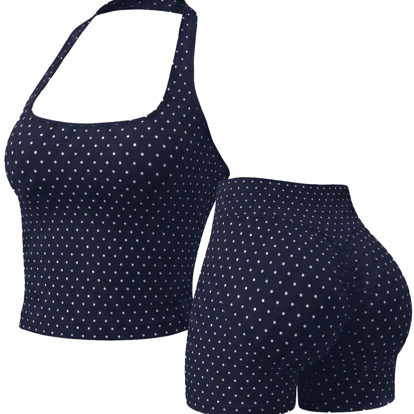2pcs Set Polka Dot Seamless Halter Neck Cropped Tank Top + High Waist Bodycon Cycling Shorts, Women's Elastic Fitness Yoga Gym Workout Sports