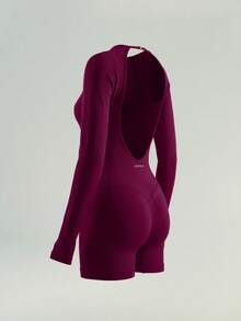 UONNOU Women's Seamless Soft Backless Long Sleeve Thumbhole Tummy Control Butt Lift Fitness Romper - Purple - View 7