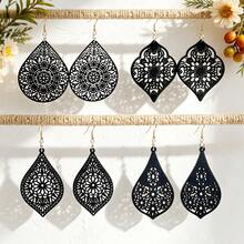 4 Pairs Bohemian Vacation Style Vintage Hollow Carved Black Wooden Pendant Earrings - Gold Hoop Earrings - View 1
