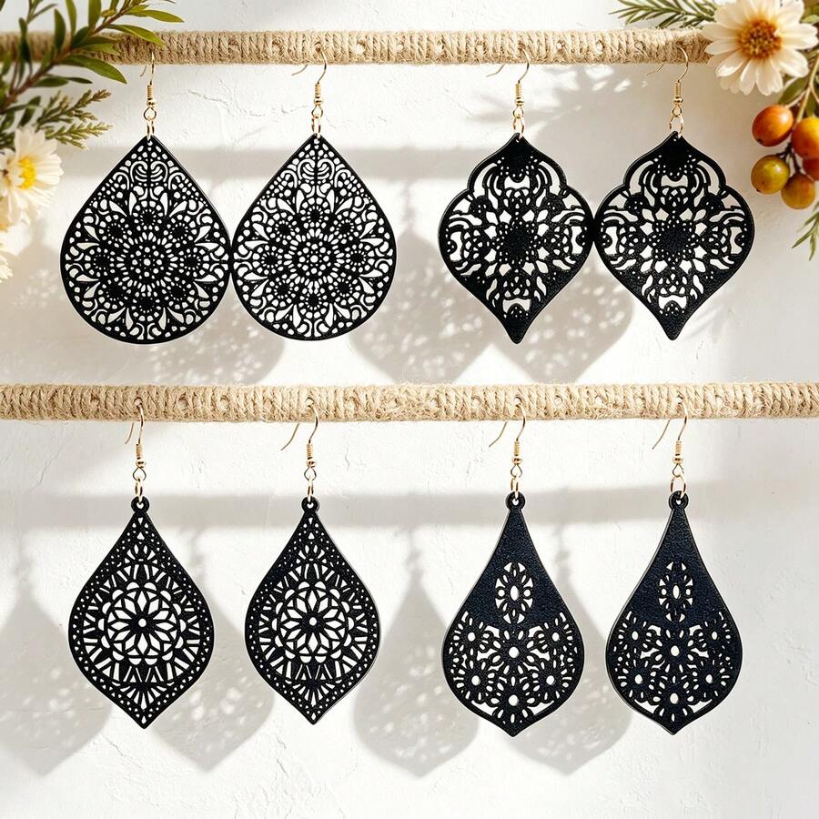4 Pairs Bohemian Vacation Style Vintage Hollow Carved Black Wooden Pendant Earrings - Gold Hoop Earrings - View 1