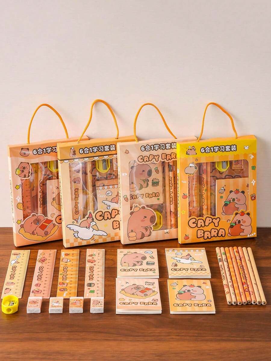 4 Set Perlengkapan Alat Tulis Capybara yang Menggemaskan, Perlengkapan Kantor Kawaii dengan Desain Capybara | Paket Hadiah Liburan Gaya Acak, Hari Pertama Sekolah