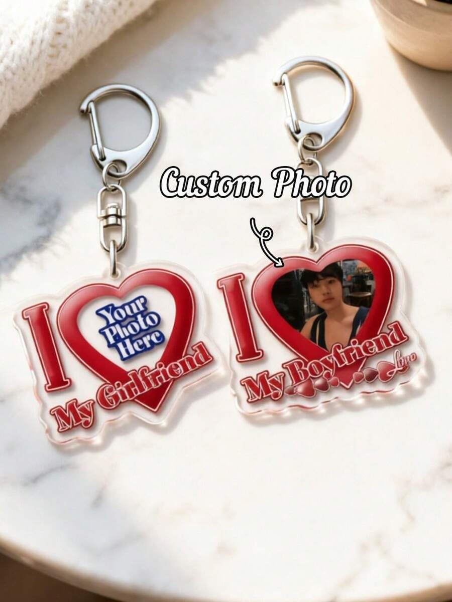 Custom Acrylic Keychain - "I Love You" Pink Heart Pendant, Personalized Acrylic Photo Keychain, Backpack Charm, Gift For Couples/Family/Friends - 5cm D Letter Keychain - View 1