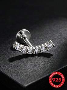 1pc S925 Sterling Silver European & American Niche Design Geometric Curved Single Row Rhinestone Straight Bar Piercing Stud Earrings, Fashionable Exquisite Luxury Minimalist Elegant High-End Jewelry For Women, Suitable For Commuting, Dating, Travel, Party, Versatile Fresh Unique Accessory - Geometry - View 5