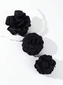 3PCS Women's Solid Color Fabric Large Multi-Layer Rose Flower Hair Clips Elegant Updo Claw Clips Versatile Hair Accessories For Daily/Date/Commute - Satin Black + Solid Black + Bud Black - View 3
